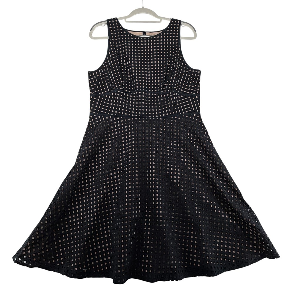 LOFT Eyelet Fit and Flare Midi Dress 100% Cotton Womens 12 Black Nude Romantic